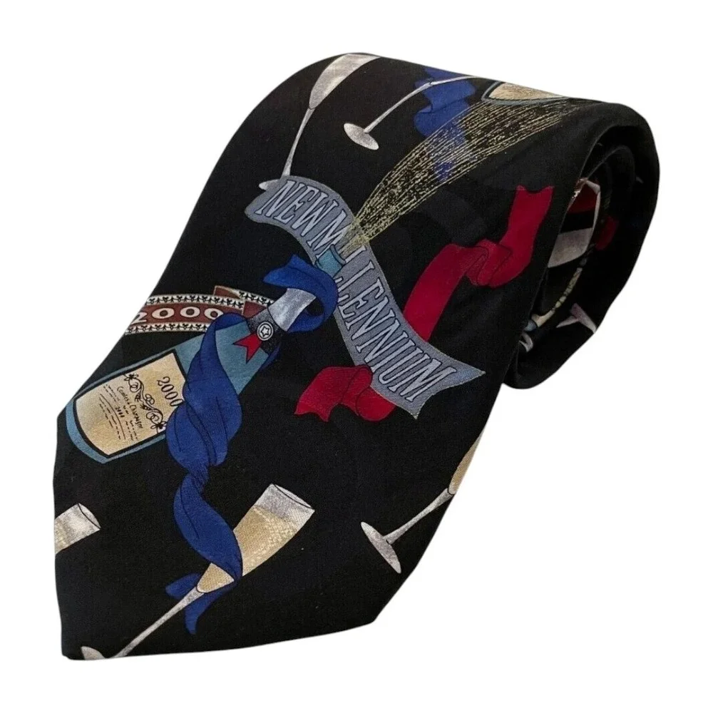 New Millennium Mens Classic Neck Tie 2000 Happy New Year Party Black 100% Silk